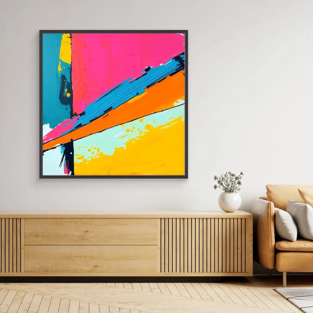 Vibrant abstract painting with diagonal color blocks in pink, blue, orange and yellow tones.