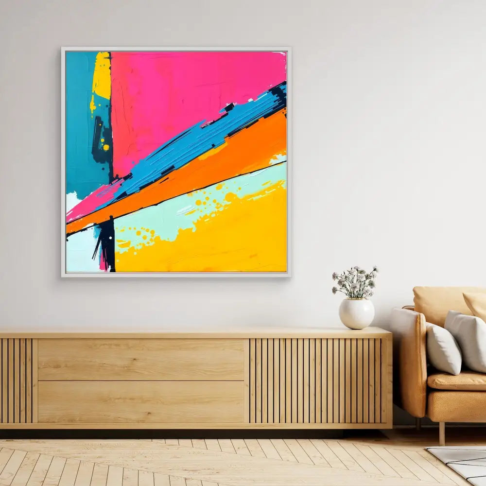 Vibrant abstract painting with diagonal stripes in pink, blue, orange and yellow tones.