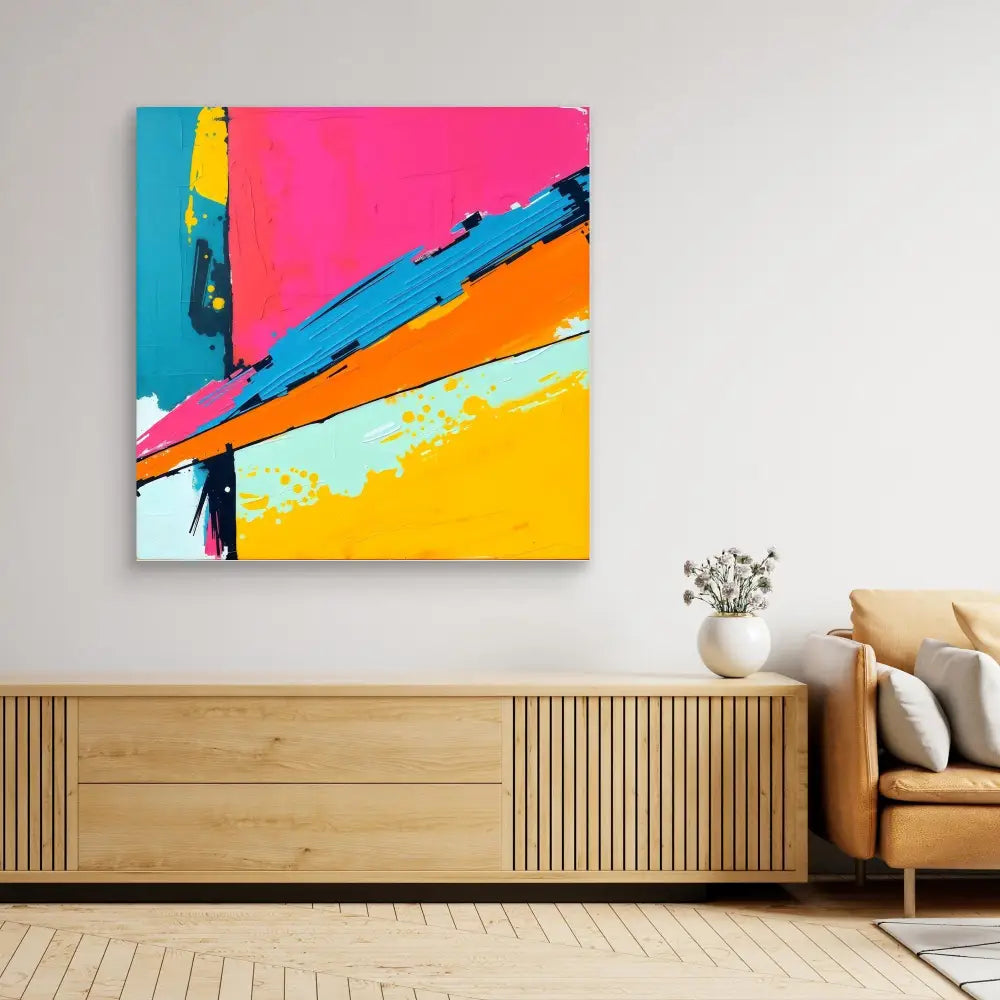 Vibrant abstract painting with diagonal stripes in pink, blue, orange and yellow colors.