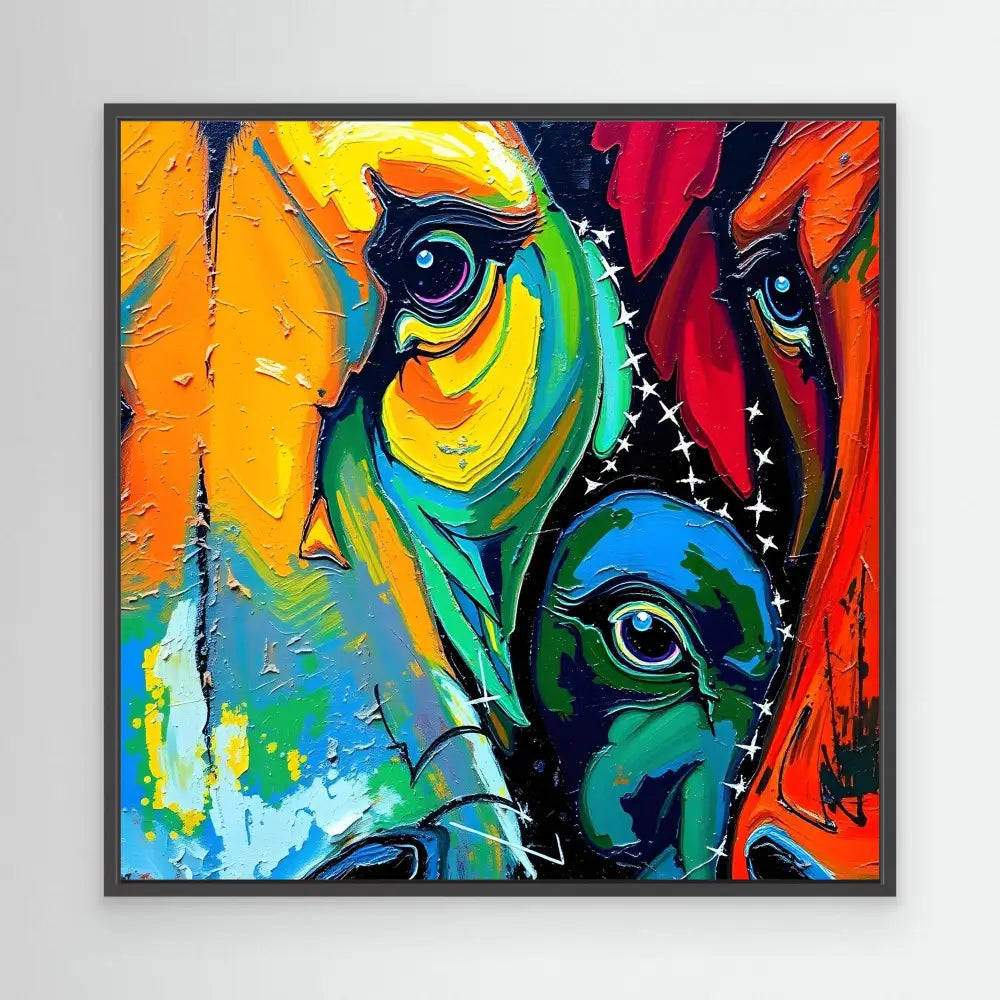 Vibrant, abstract painting of a dog’s face using bold colors like orange, green, blue and red.