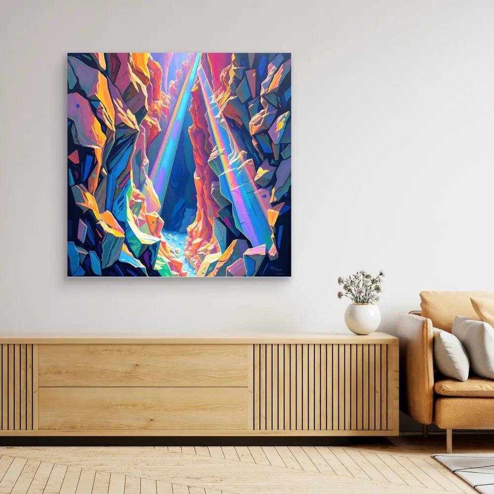 Vibrant abstract painting featuring dynamic blue, orange and purple geometric shapes in a swirling upward motion.