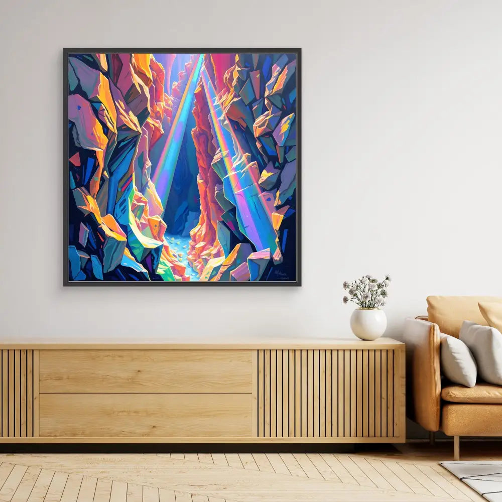 Vibrant abstract painting featuring dynamic blue, orange and pink geometric shapes in a black frame.