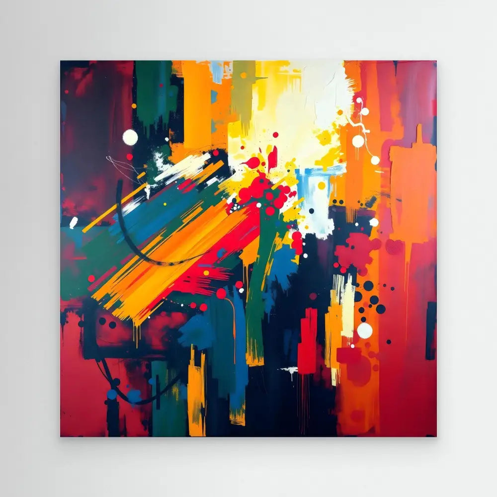 Vibrant abstract painting with dynamic brushstrokes in red, yellow, blue, and orange.