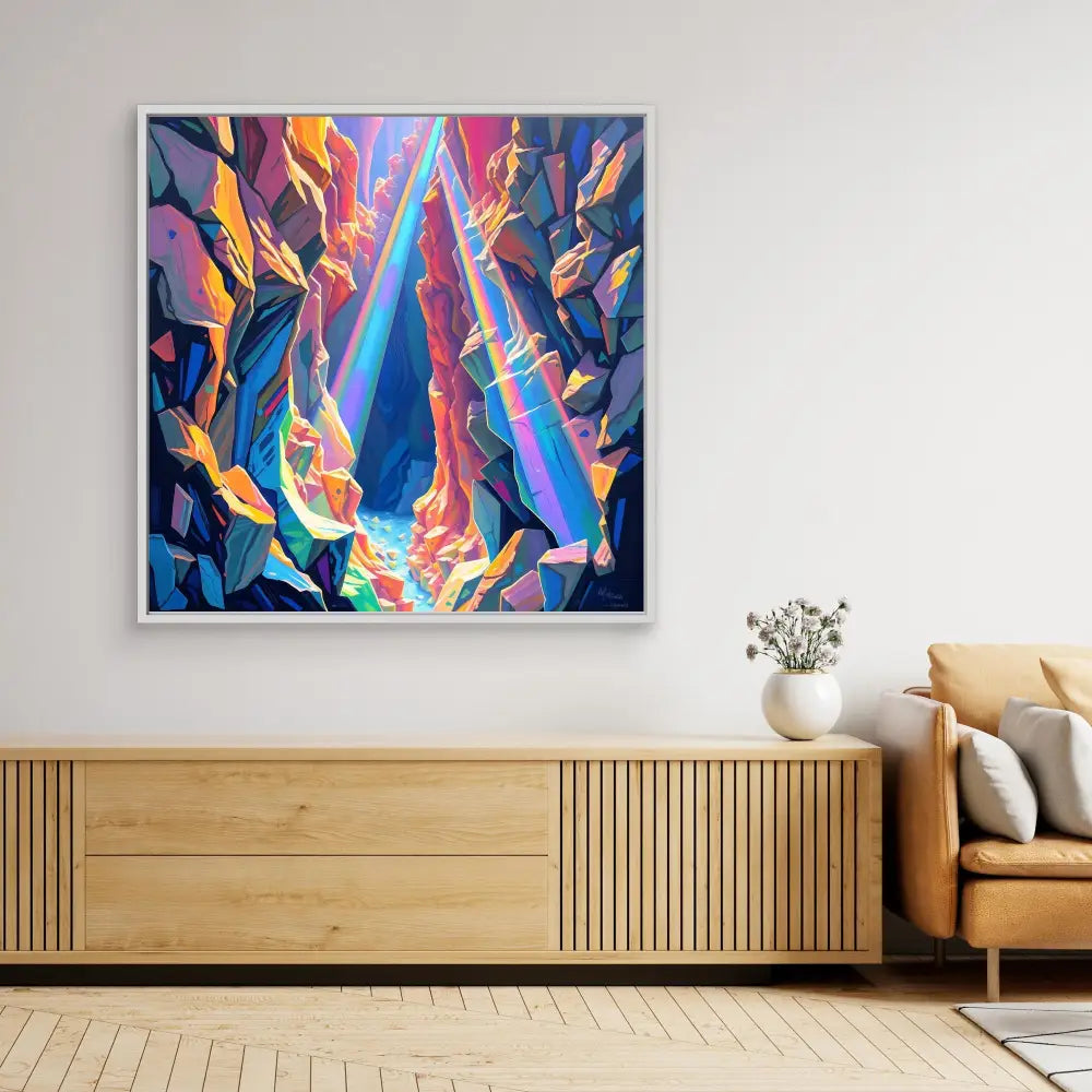 Vibrant abstract painting featuring dynamic swirls of blue, orange, pink and yellow shapes against a dark background.