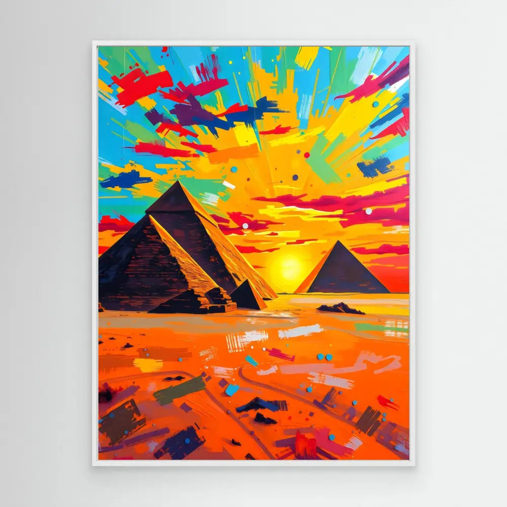 Vibrant abstract painting of Egyptian pyramids against a colorful sunset sky.