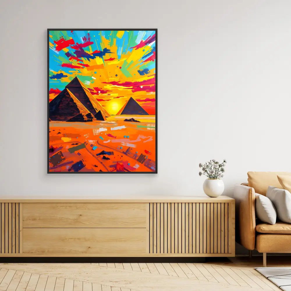 Vibrant abstract painting of Egyptian pyramids against a colorful sunset sky.