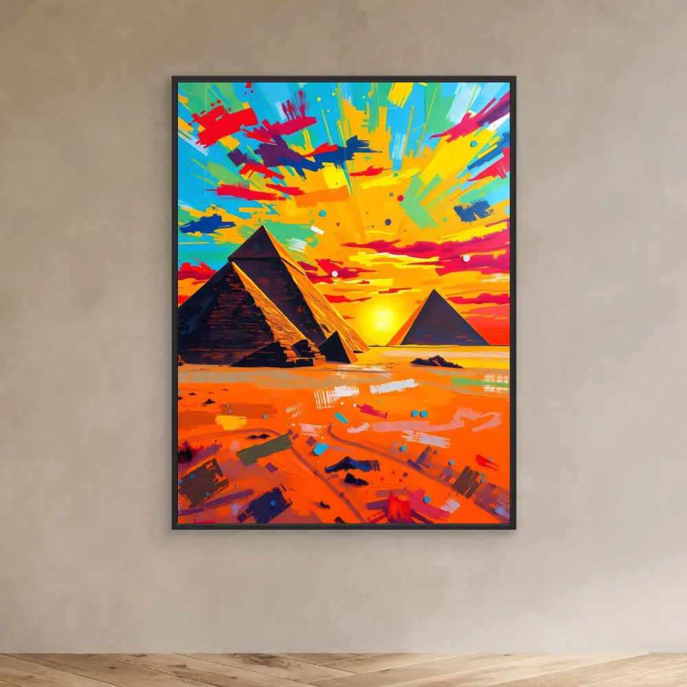 Vibrant abstract painting of Egyptian pyramids against a colorful sunset sky.