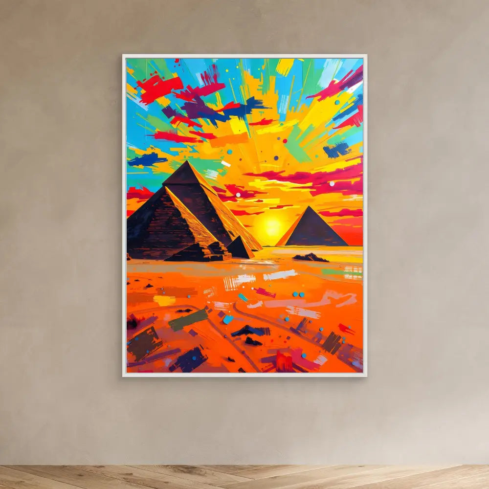 Vibrant abstract painting of Egyptian pyramids against a colorful sunset sky.