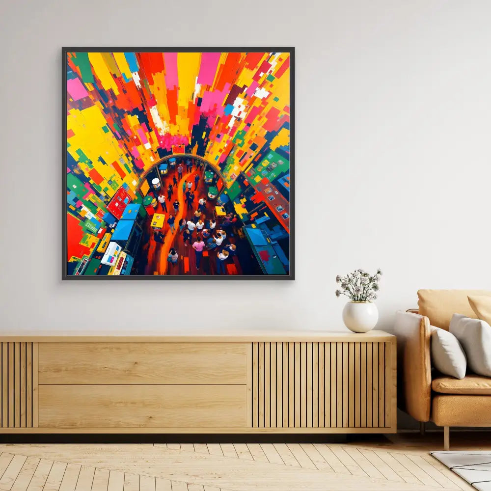 Vibrant abstract painting featuring an explosive burst of yellow, red, pink, and blue colors in a black frame.