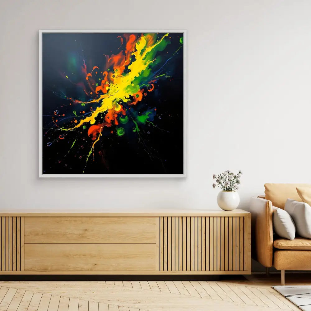 Vibrant abstract painting featuring an explosive burst of rainbow colors against a black background.