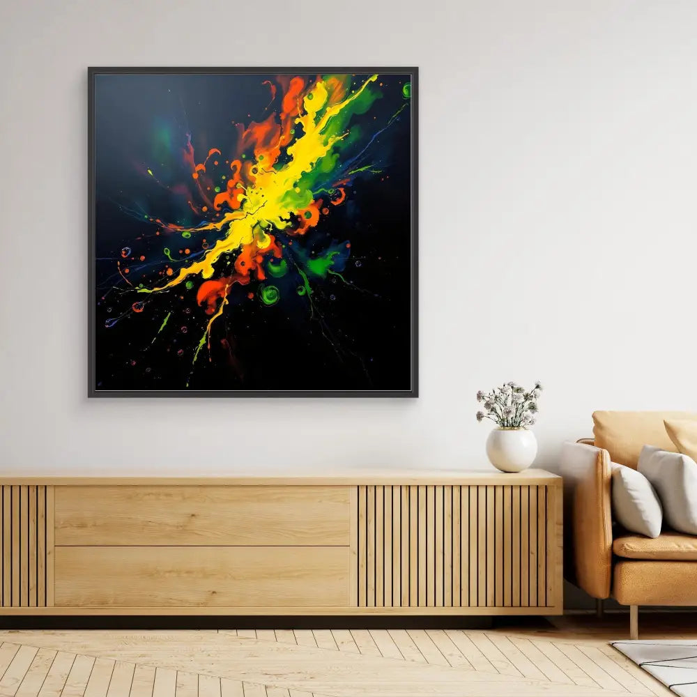 Vibrant abstract painting featuring an explosive burst of rainbow colors against a black background.