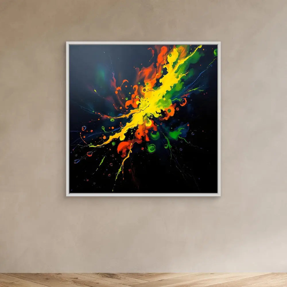 Vibrant abstract painting featuring an explosive burst of yellow, red, and green paint splatters against a black background.