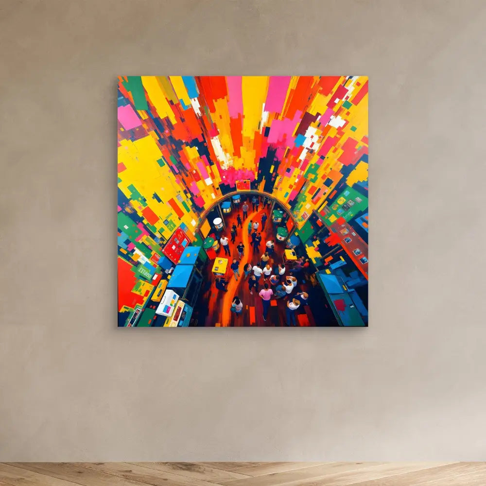 Vibrant abstract painting with explosive bursts of colorful geometric shapes radiating outward.