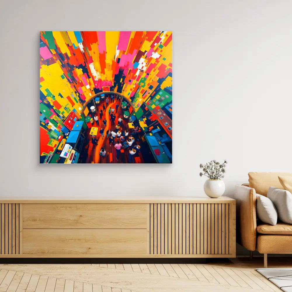 Vibrant abstract painting featuring explosive bursts of yellow, red, orange, pink and blue colors radiating outward.