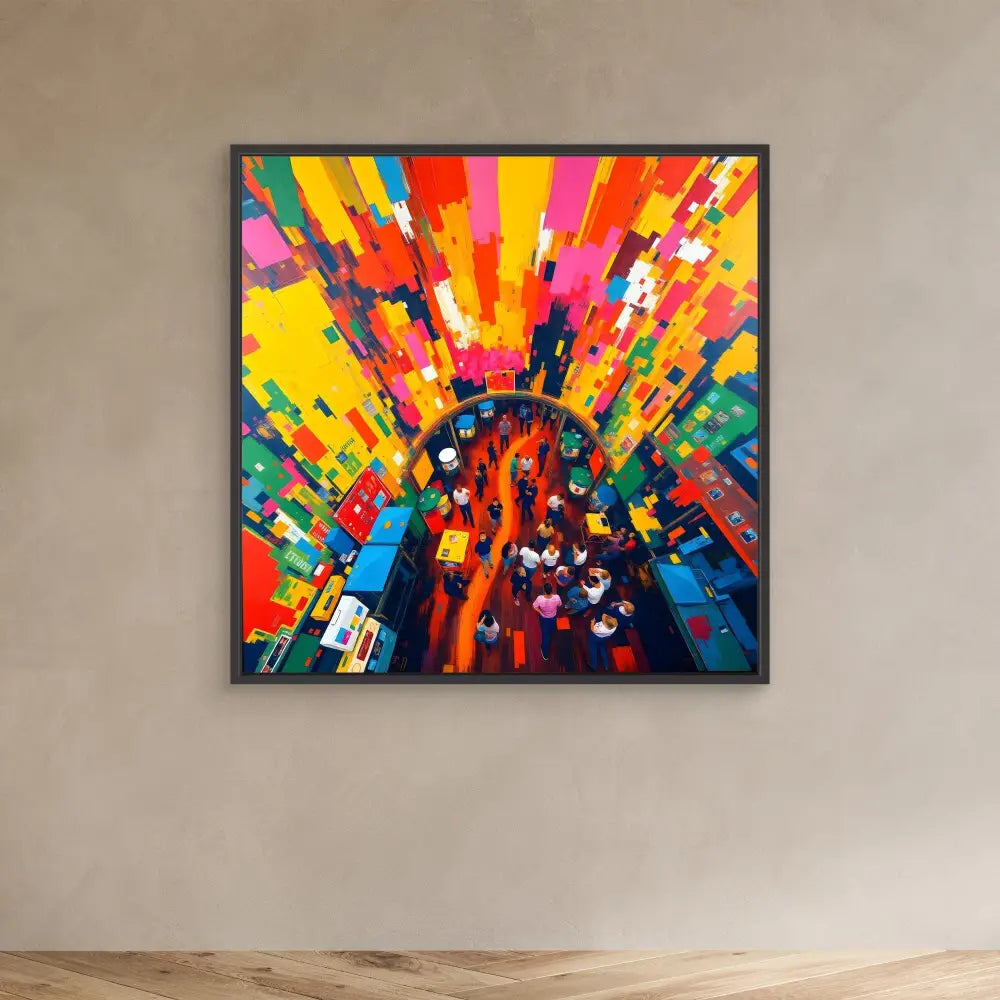 Vibrant abstract painting featuring explosive colorful streaks radiating outward from a central point.