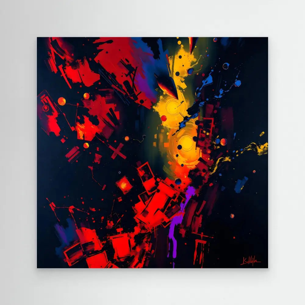 Vibrant abstract painting featuring explosive splashes of red, yellow, blue and purple paint against a dark backdrop.