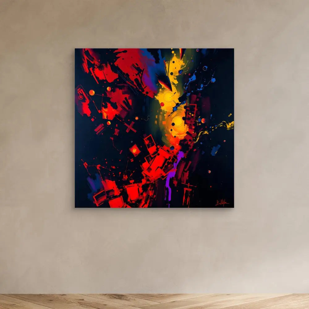 Vibrant abstract painting featuring explosive splashes of red, yellow, purple and blue colors.