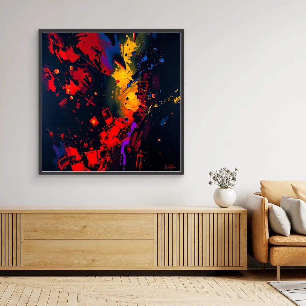 Vibrant abstract painting featuring explosive splashes of red, yellow and purple against a dark background.