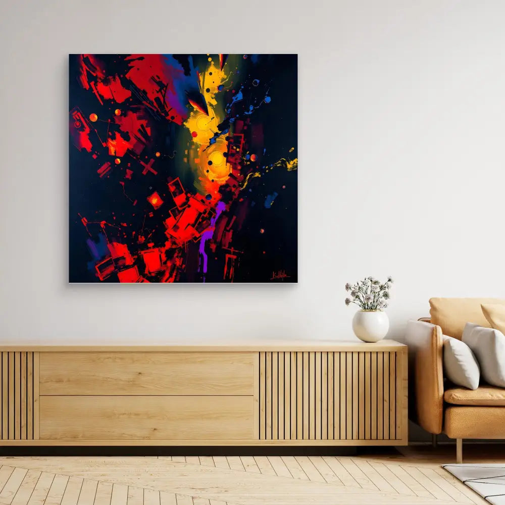 Vibrant abstract painting featuring explosive splashes of red, yellow, and purple against a dark background.