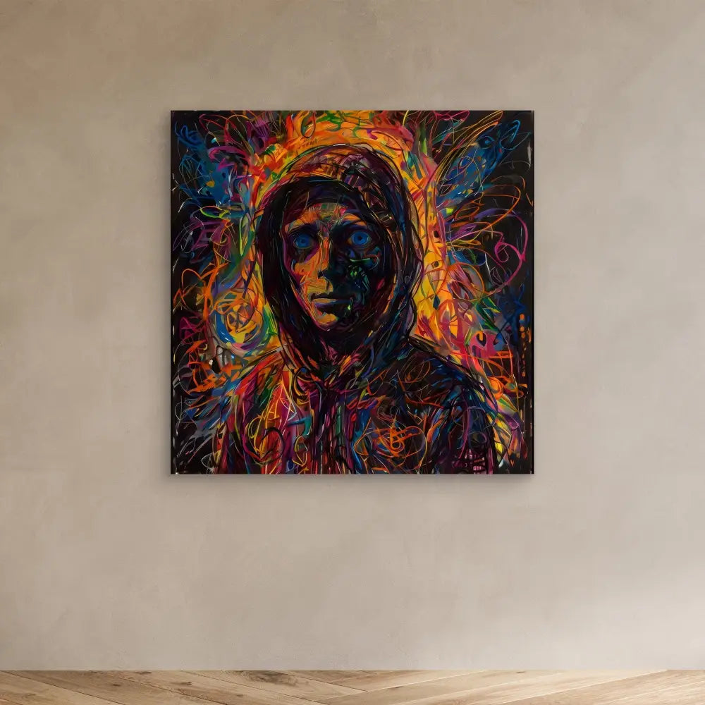 Vibrant abstract painting of a hooded figure surrounded by swirling, colorful brushstrokes.