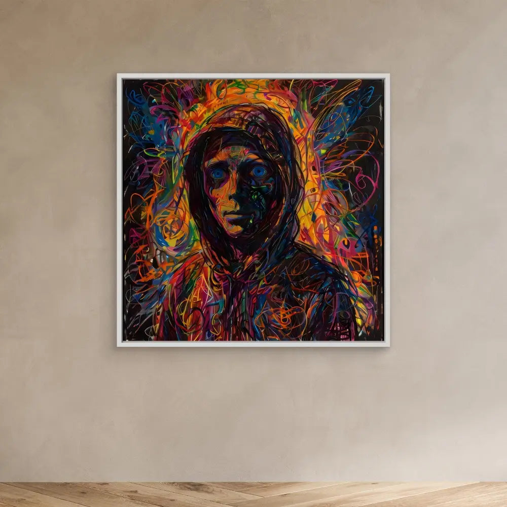 Vibrant abstract painting of a hooded figure surrounded by swirling, colorful brushstrokes.