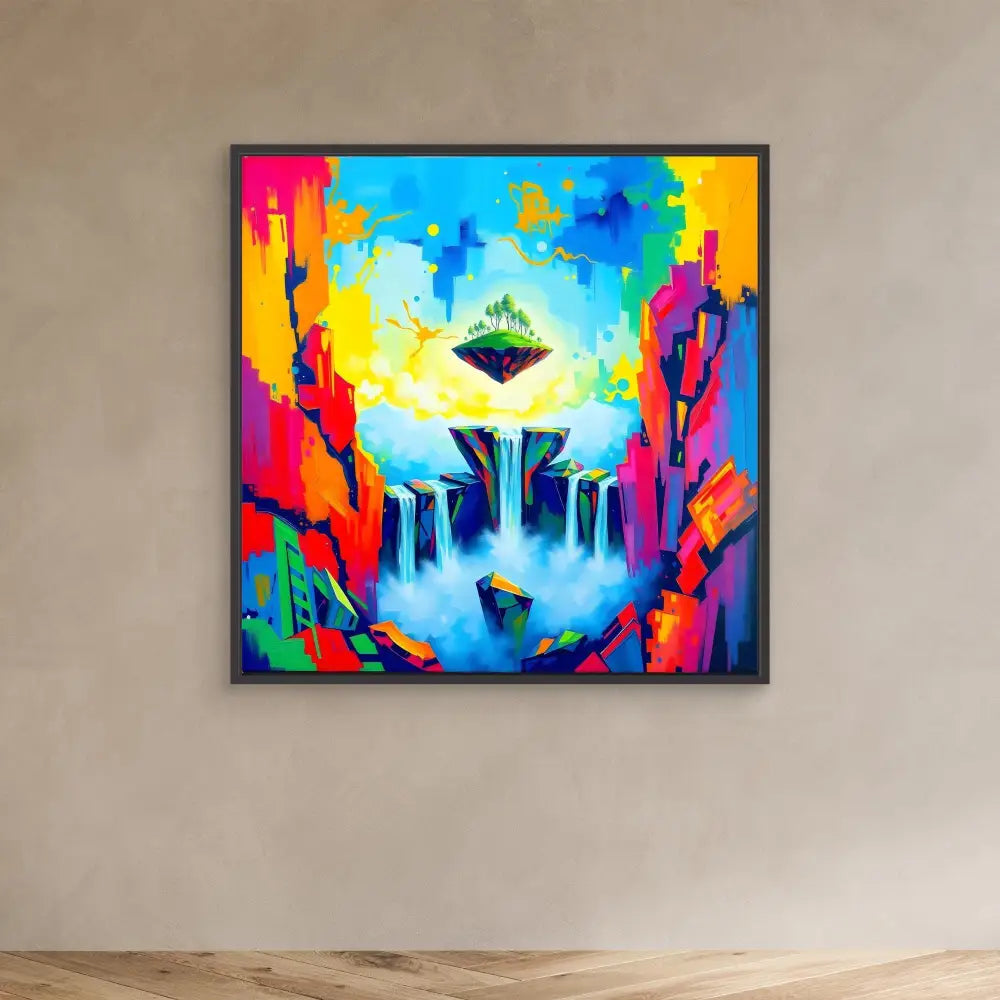 Vibrant abstract painting featuring a floating island with waterfalls amid colorful geometric rock formations.