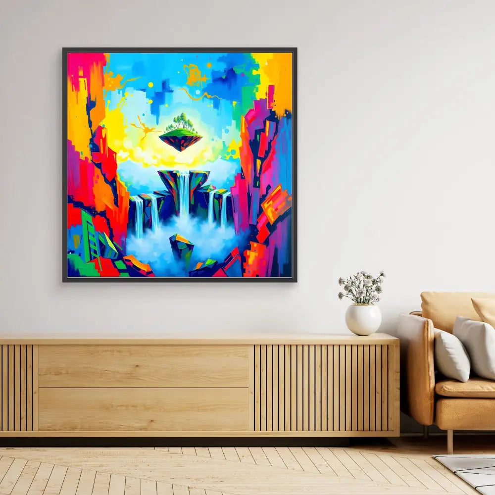 Vibrant abstract painting featuring a floating island with waterfalls amid colorful geometric rock formations.