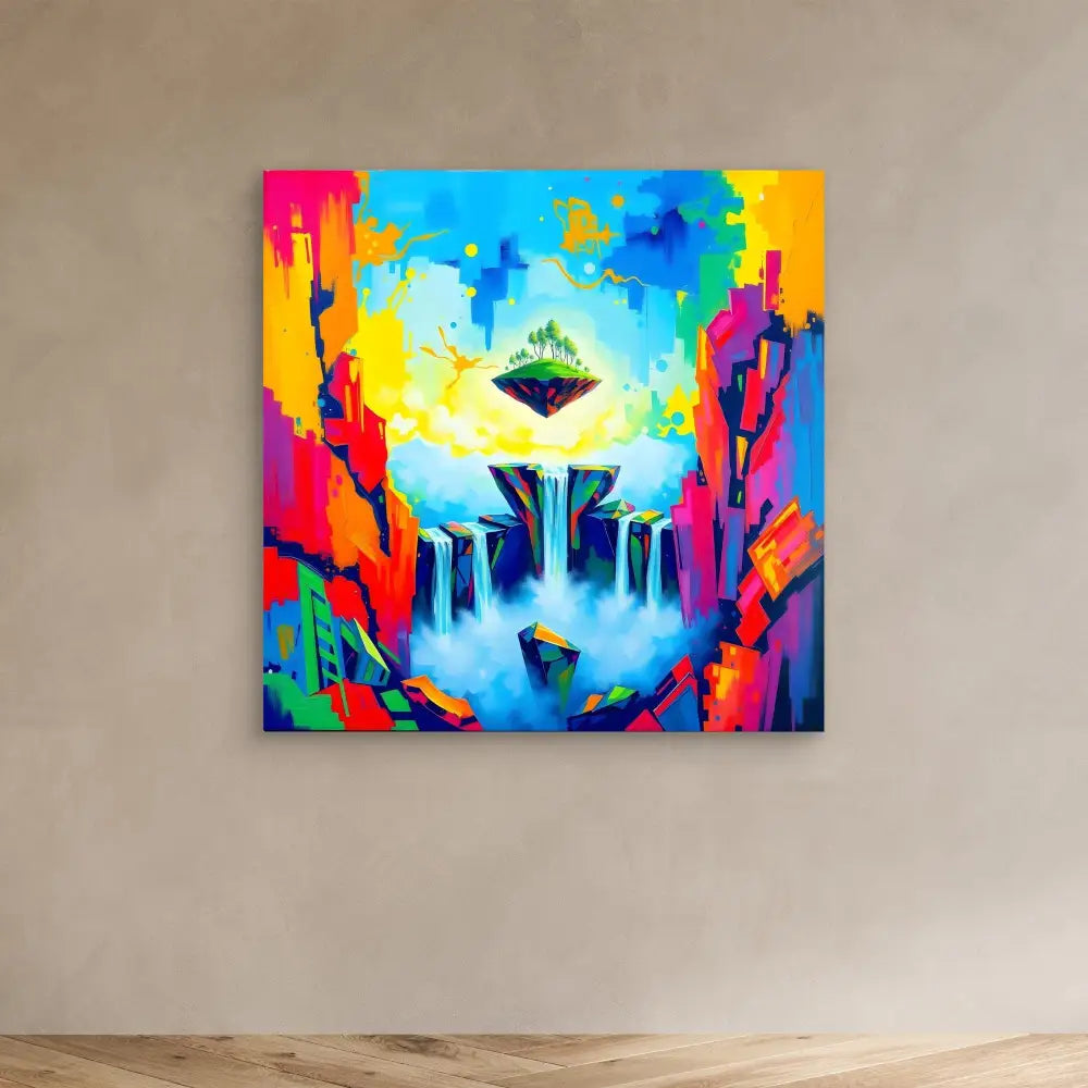 Vibrant abstract painting featuring floating islands and waterfalls in neon colors.