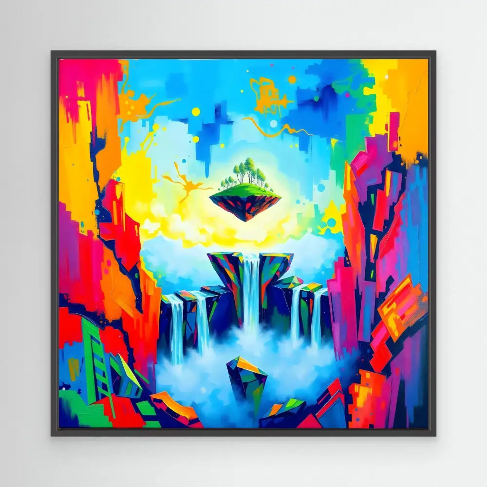 Vibrant abstract painting of floating islands with cascading waterfalls in rainbow colors.