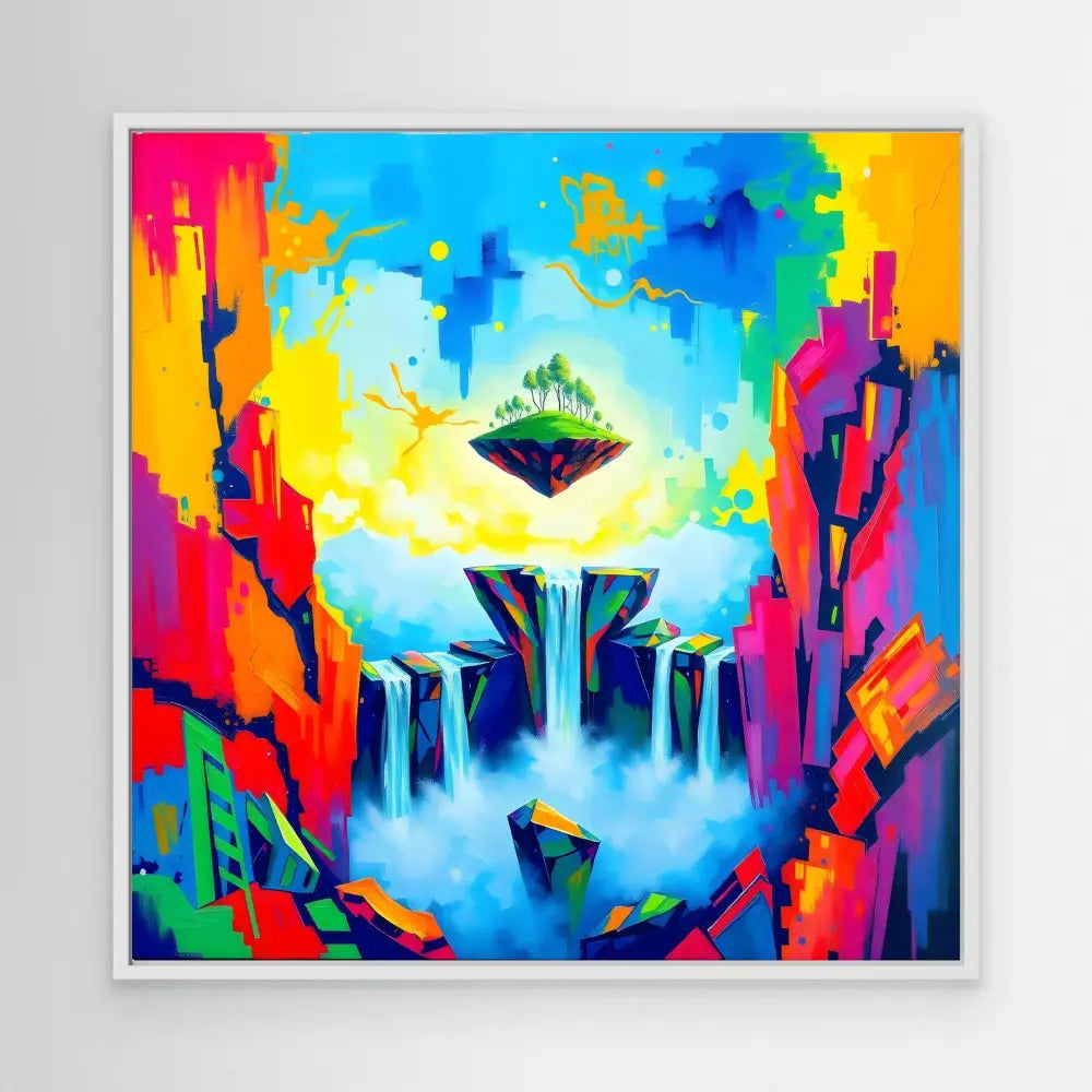 Vibrant abstract painting of floating islands with cascading waterfalls amid colorful geometric shapes.