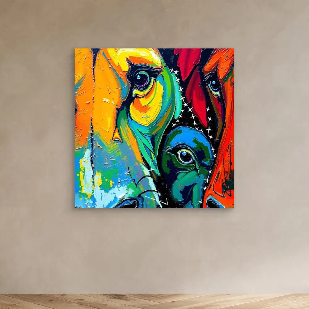 Vibrant abstract painting featuring multiple eyes in bold turquoise, orange, red and yellow colors.