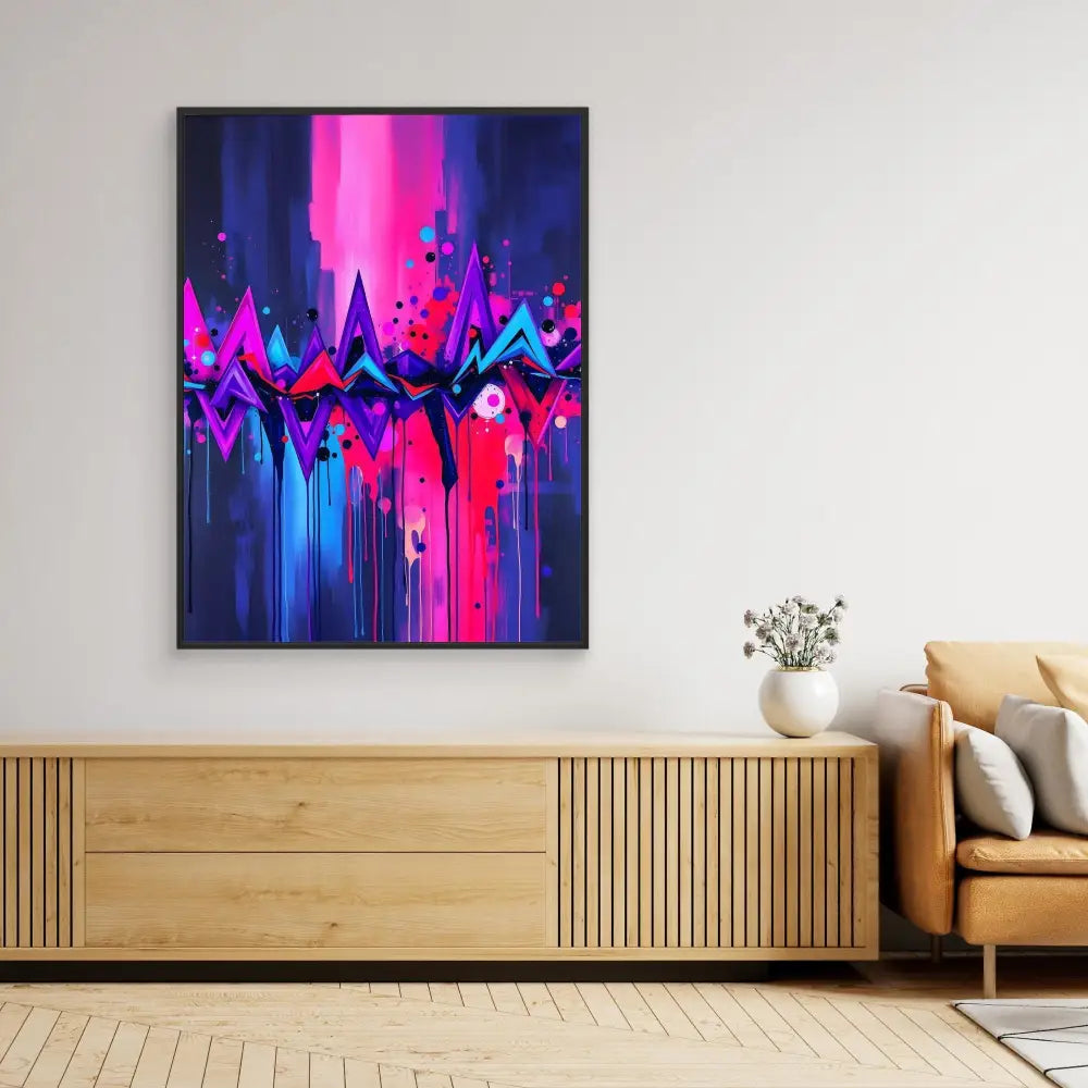 Vibrant abstract painting featuring dripping neon pink, blue and purple geometric patterns.