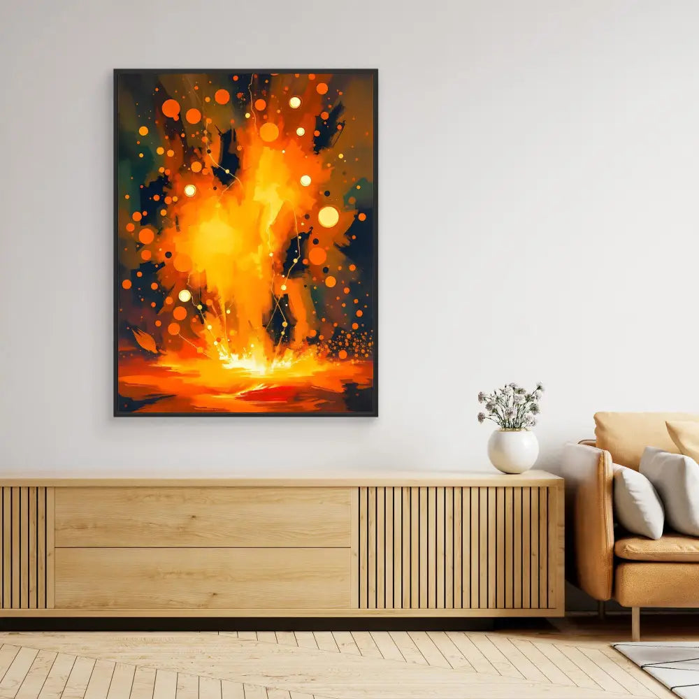 Vibrant abstract painting featuring an orange and yellow explosion with floating orbs and dark accents.