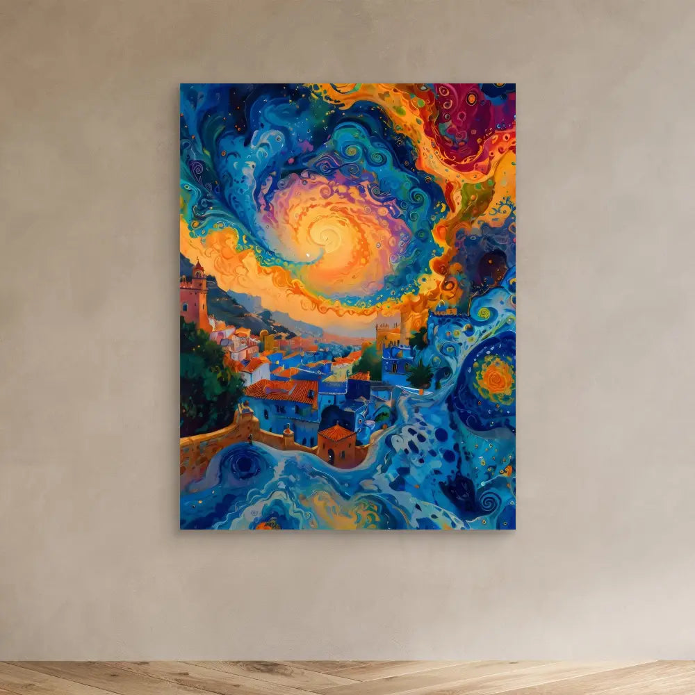 Vibrant abstract painting featuring swirling patterns of blue, orange and gold in a cosmic or fluid style.