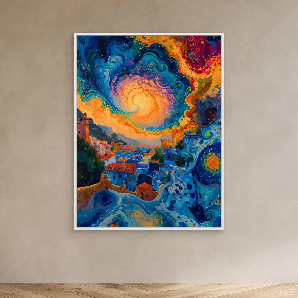 Vibrant abstract painting featuring swirling patterns of orange, blue and turquoise in a cosmic or fluid-like design.