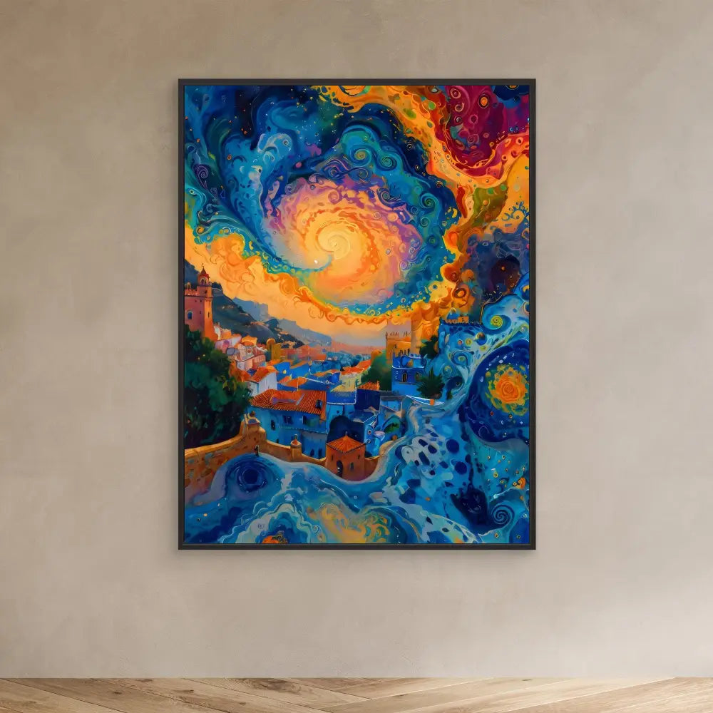 Vibrant abstract painting featuring swirling patterns of orange, blue and turquoise in a cosmic or fluid-like design.