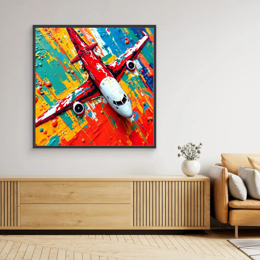 Vibrant abstract painting of a red airplane with colorful paint splashes.