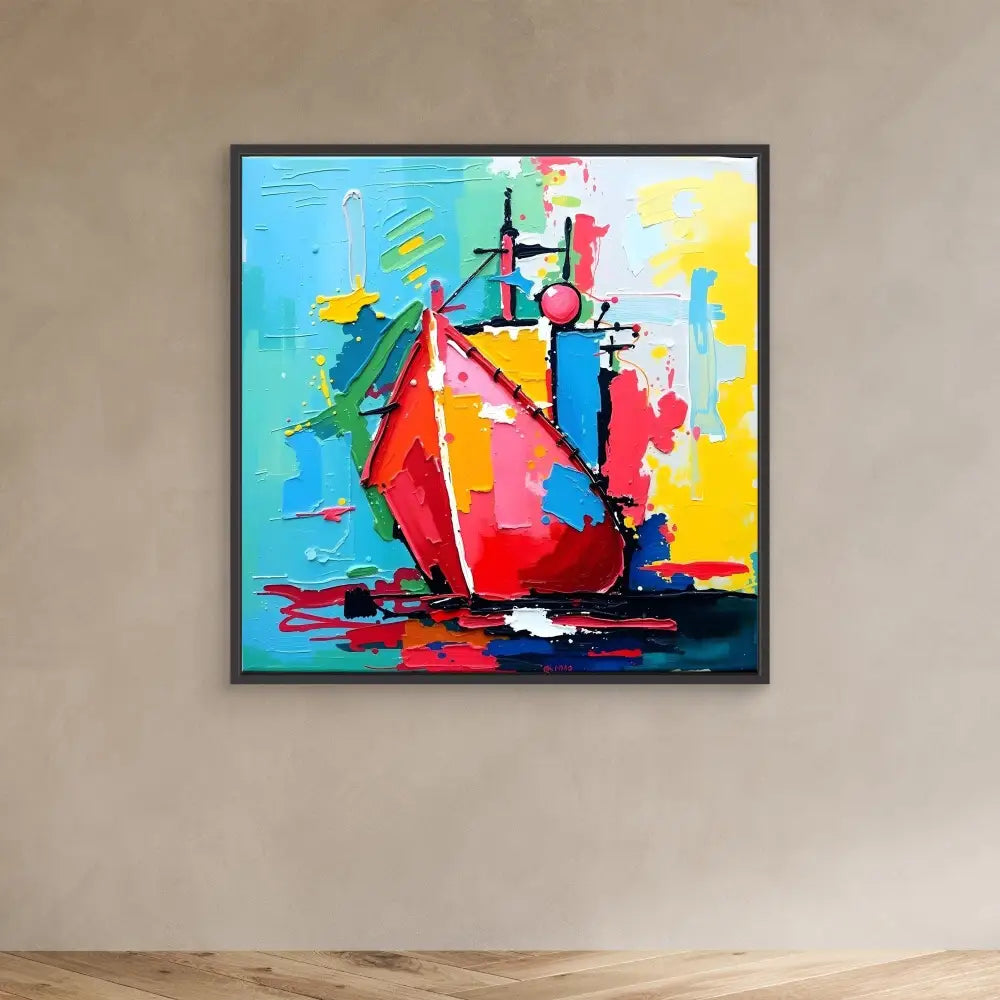 A vibrant abstract painting of a sailboat using bold red, blue, yellow and pink colors.