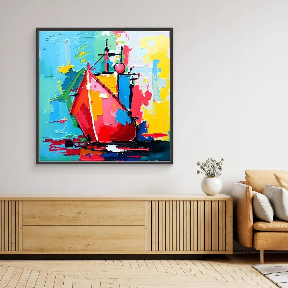 Vibrant abstract painting of a sailboat using bold red, blue, and yellow colors.