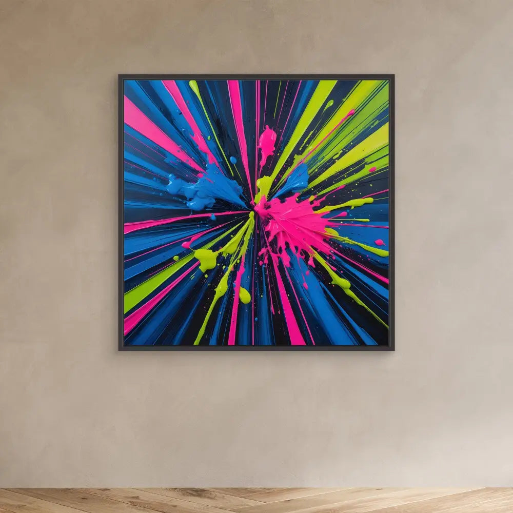 Vibrant abstract painting featuring radiating splashes of pink, blue, and yellow paint against a black background.