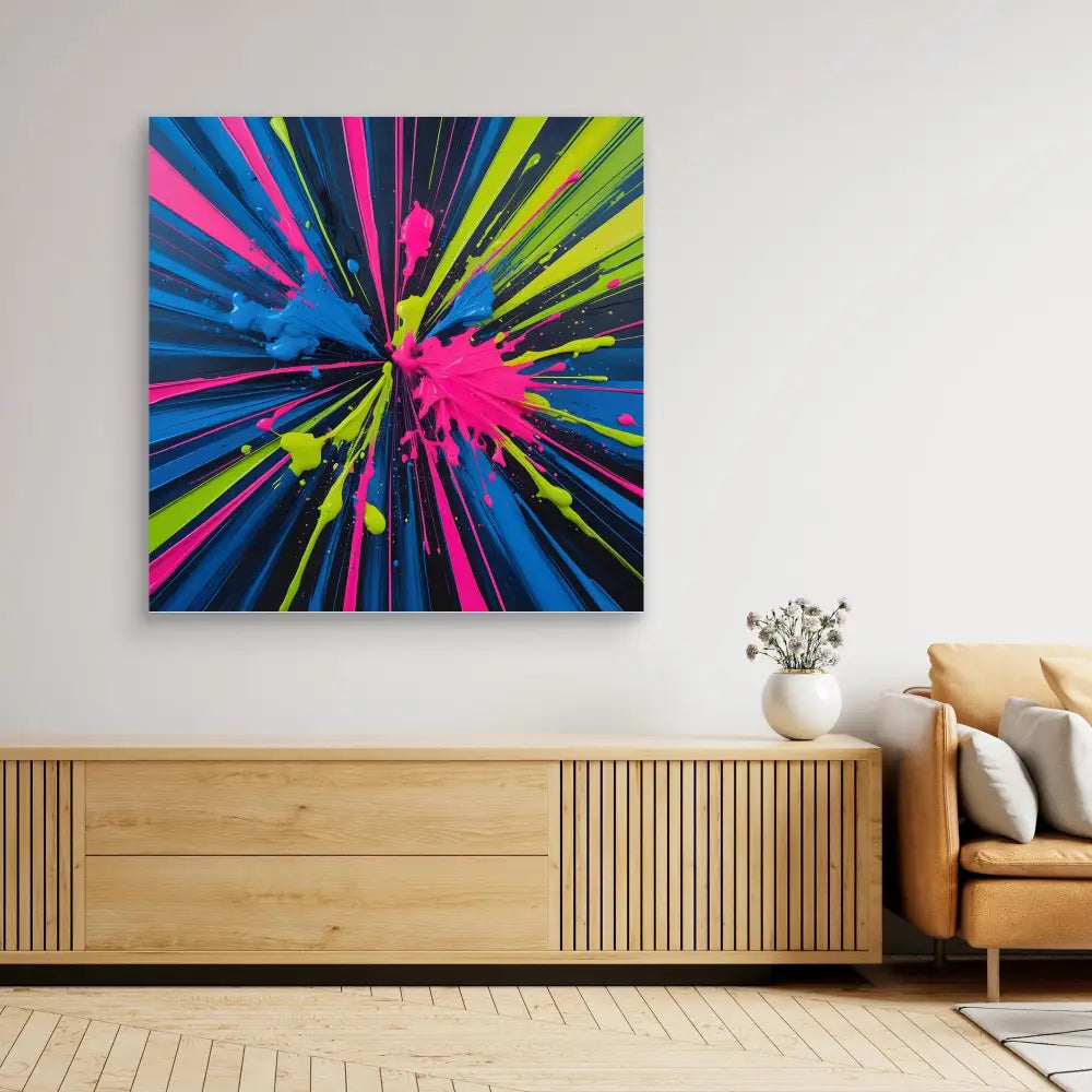 Vibrant abstract painting featuring radiating splashes of pink, blue, and yellow paint bursting from the center.