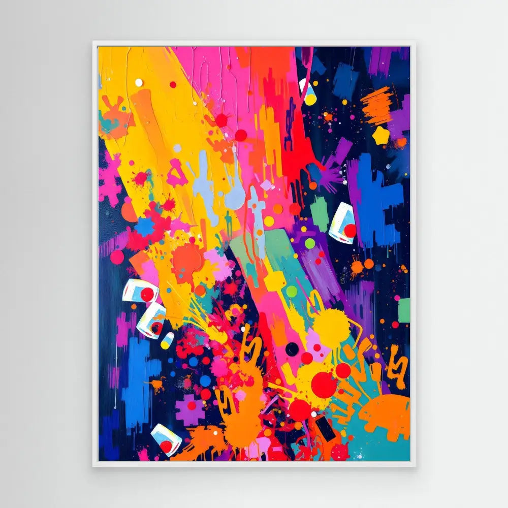 Vibrant abstract painting with splashes of yellow, pink, blue, and purple paint creating an energetic, chaotic pattern.