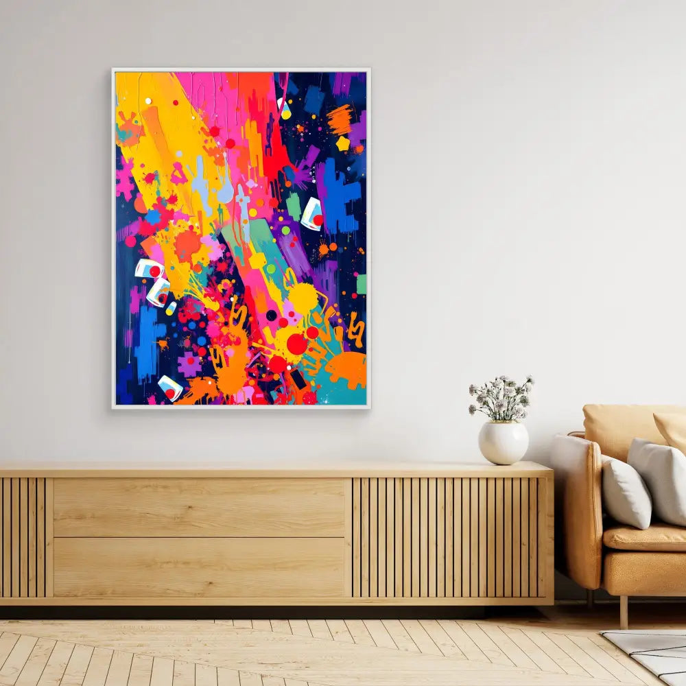 Vibrant abstract painting with splashes of yellow, pink, blue and orange colors in an energetic composition.