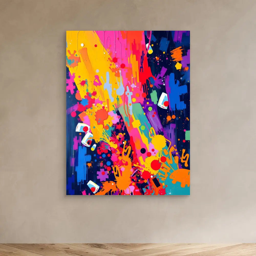 Vibrant abstract painting featuring splashes of yellow, pink, blue, and orange with scattered white geometric shapes.