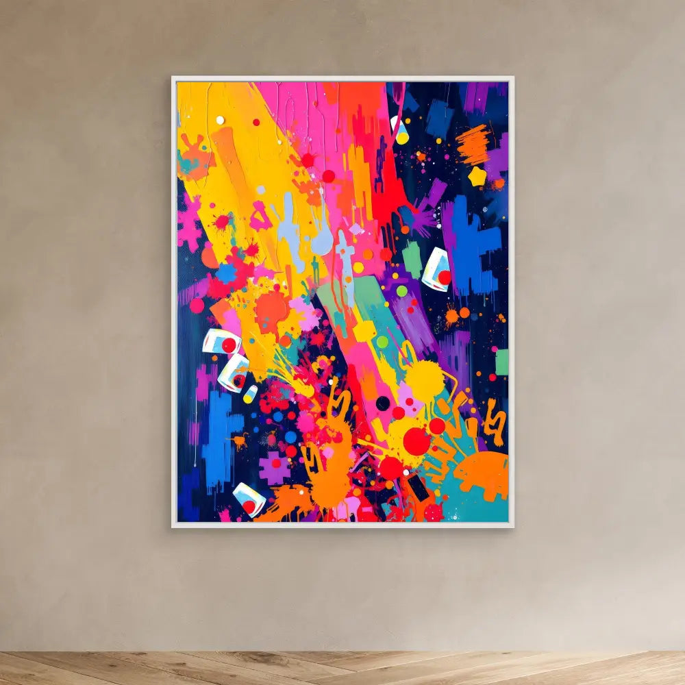 Vibrant abstract painting featuring splashes of yellow, pink, blue, and orange with scattered white geometric shapes.