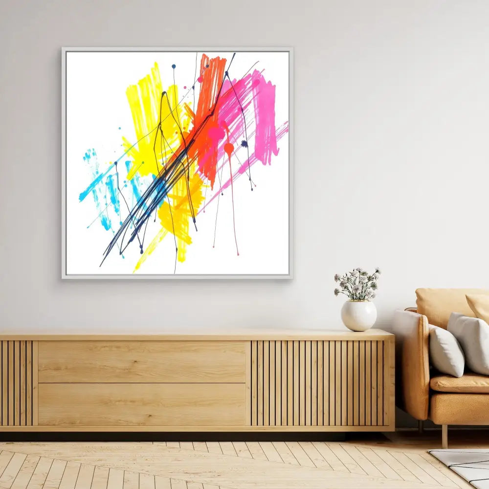 Vibrant abstract painting with splashes of yellow, red, pink, and blue watercolors intersected by bold diagonal black lines.