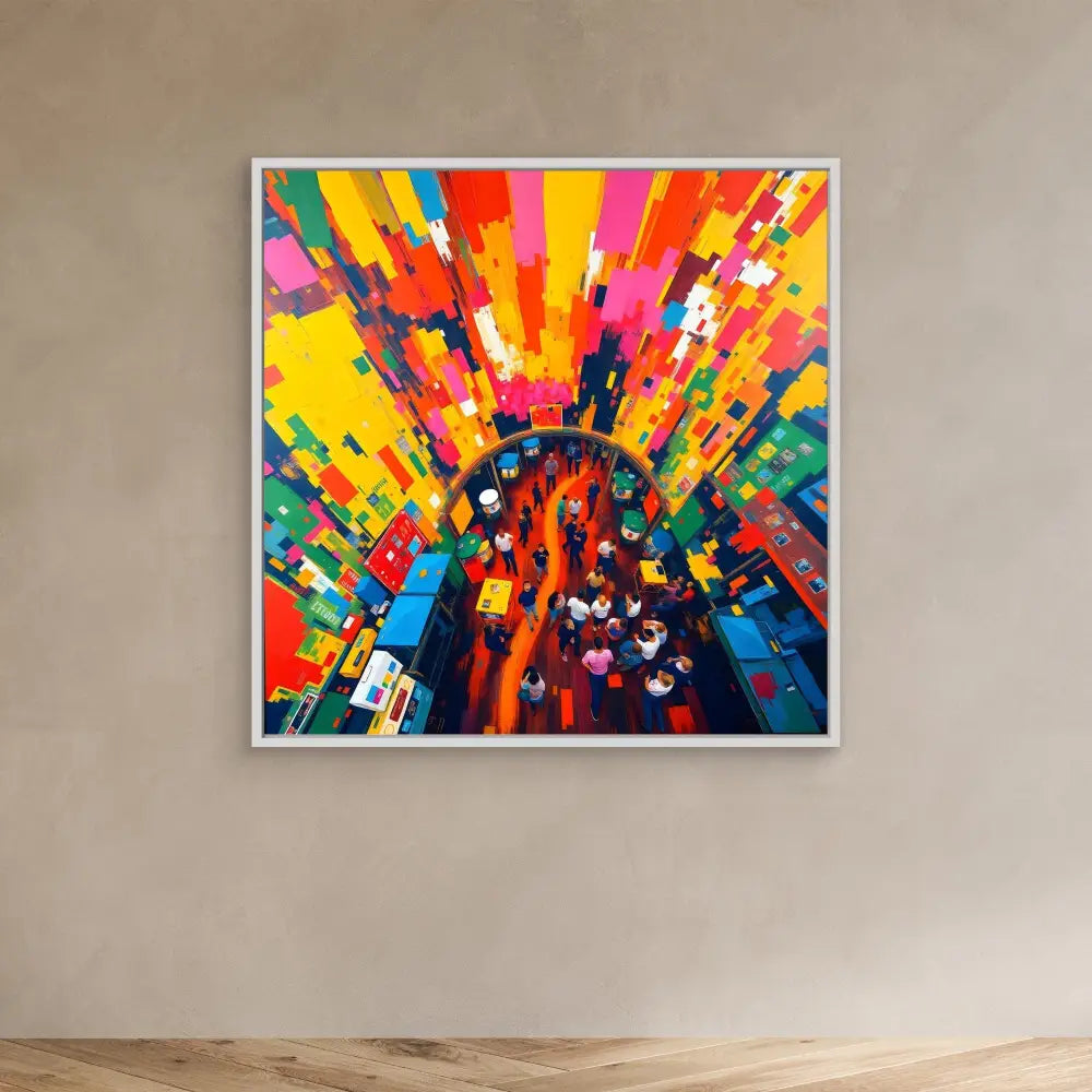 Vibrant abstract painting with radiating streaks of yellow, red, orange, blue and pink colors bursting outward from a central point.