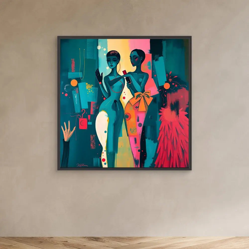 Vibrant abstract painting featuring stylized figures in teal, yellow and pink tones.