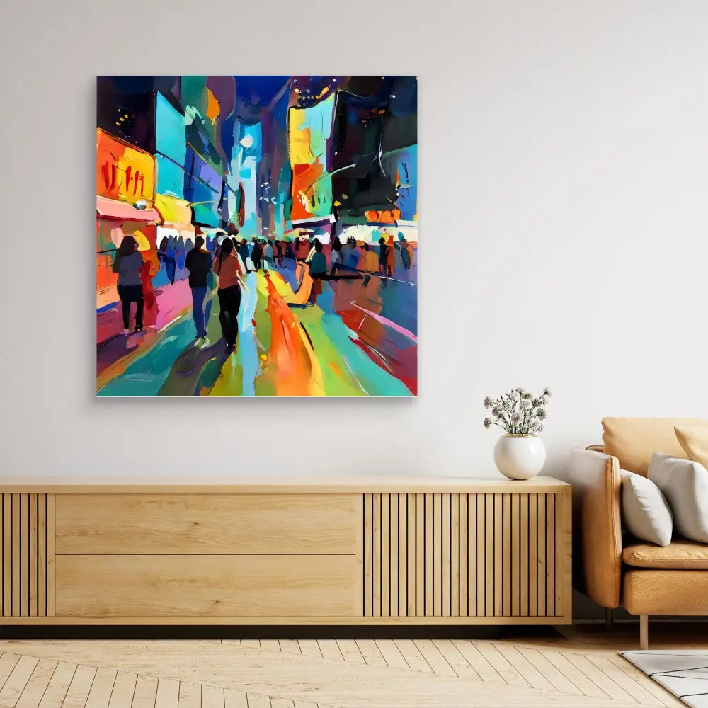 Vibrant abstract painting of Times Square at night with colorful reflections and silhouetted figures.