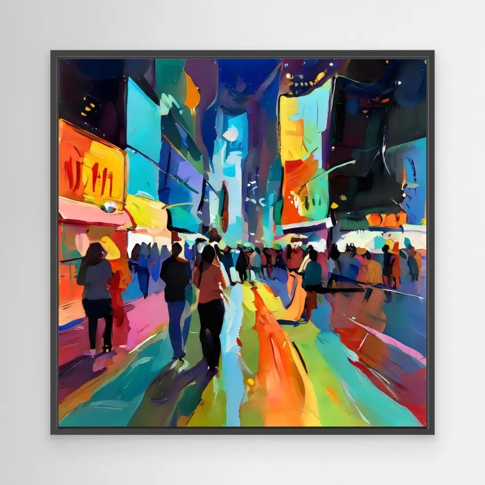 Vibrant abstract painting of Times Square at night with silhouetted pedestrians amid colorful lights and billboards.